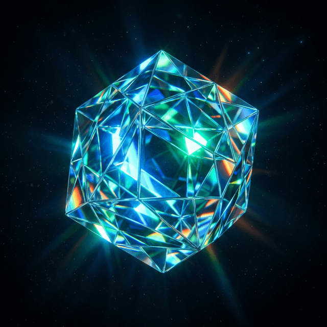 A glowing abstract 3D prism refracting blue and emerald light